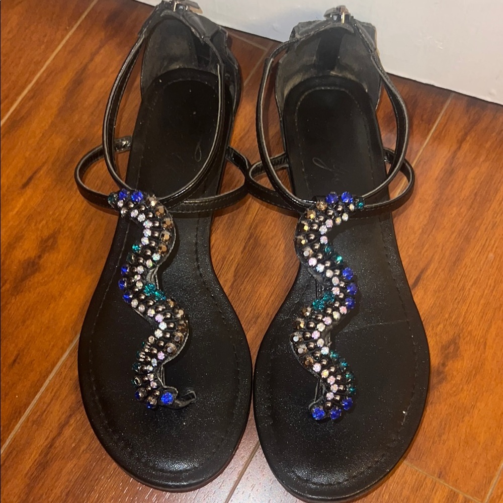 Fergilicious Fergie Black Sandals with Blue and green rhinestone accents